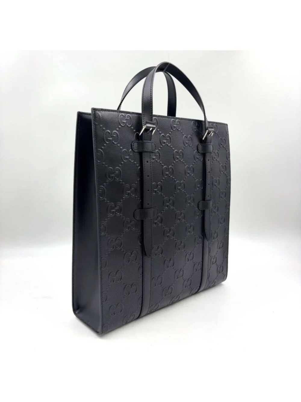 Gucci GG Embossed Calfskin Black Tote Silver